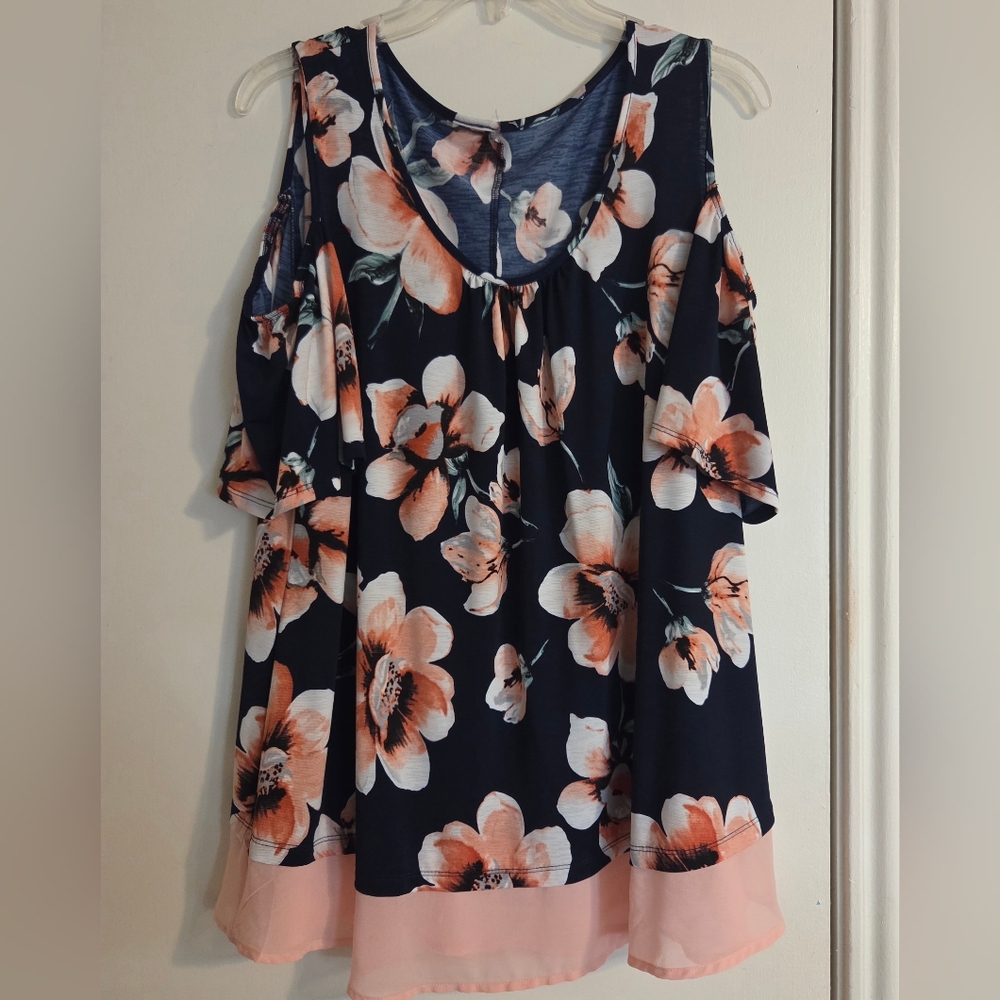 Navy Blue & Pink Floral Cold Shoulder Top